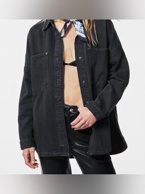 Zara Black Washed Denim Button Down Shirt Jacket Large